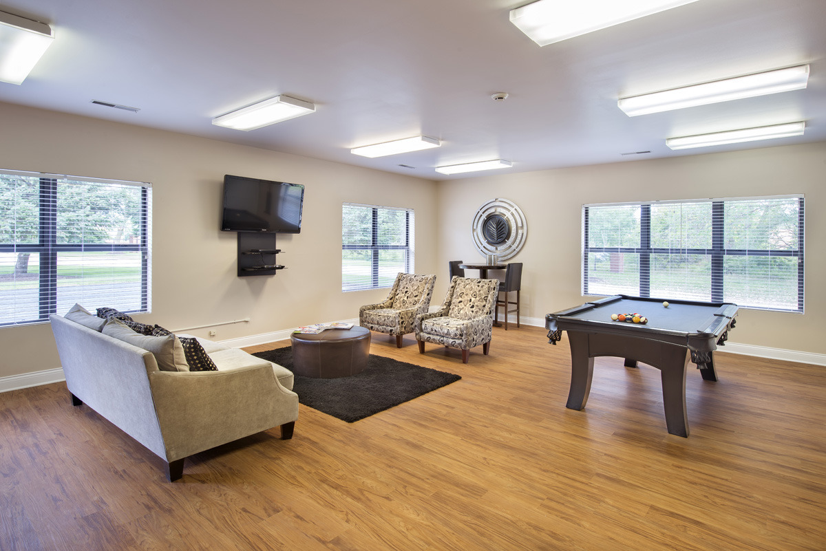 Clubhouse with billiards table and flat screen TV